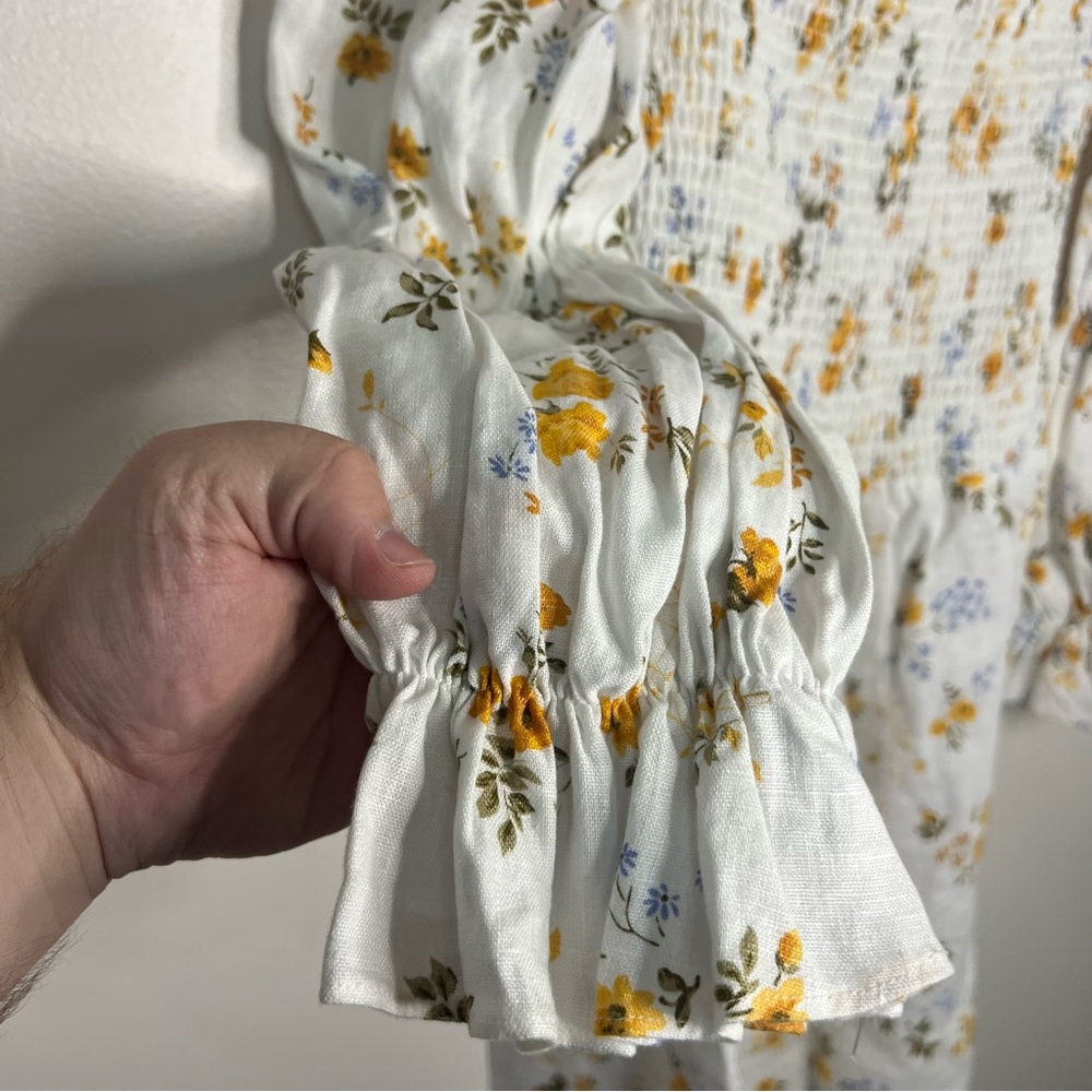 Reformation White Dress Size Large Floral Mini Dress Smocked Top 100% Linen - Picture 4 of 6